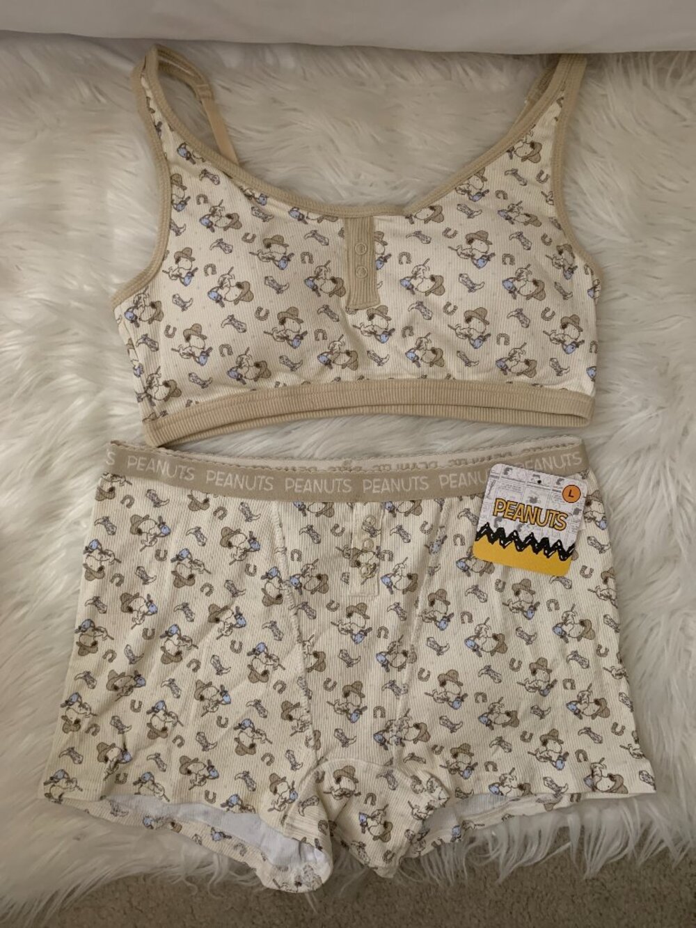 PEANUTS Snoopy Country Western Ribbed Bralette & Brief Set in Tan Sz LARGE